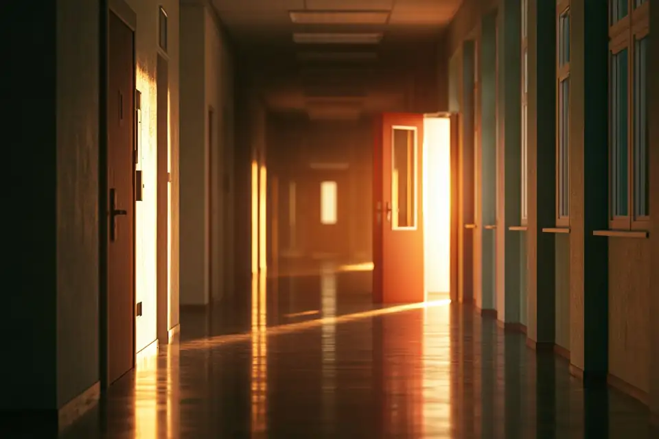 un long couloir, une porte close d’un côté, une porte ouverte sur la lumière de l’autre.