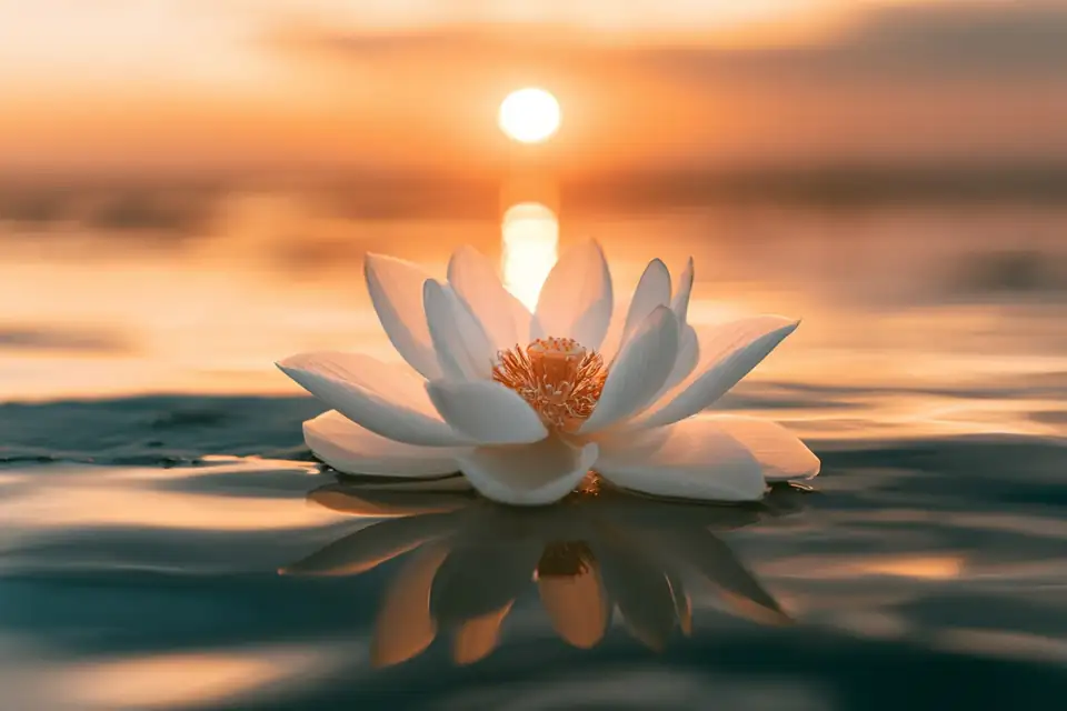 une fleur de lotus s’ouvrant sur une eau sombre au lever du jour.