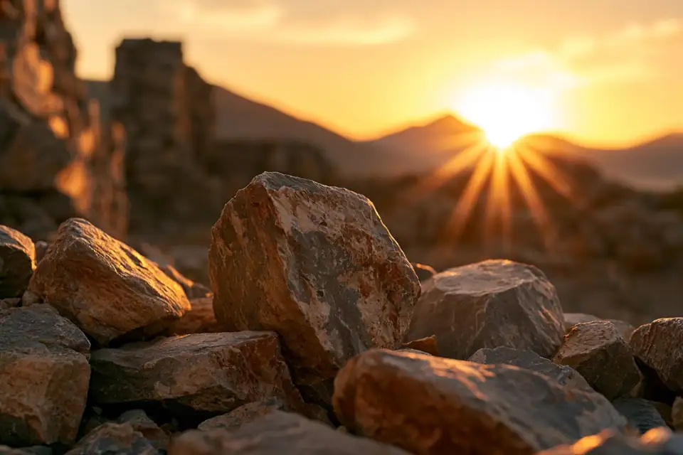 un lever de soleil sur des ruines, la lumière neuve sur les pierres.