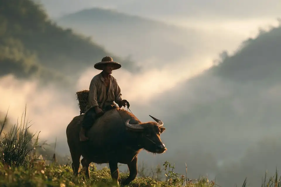 un vieil homme sur un buffle franchissant une passe de montagne dans la brume.