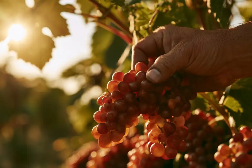 une main cueillant une grappe de raisin mûr dans une vigne italienne au soleil.