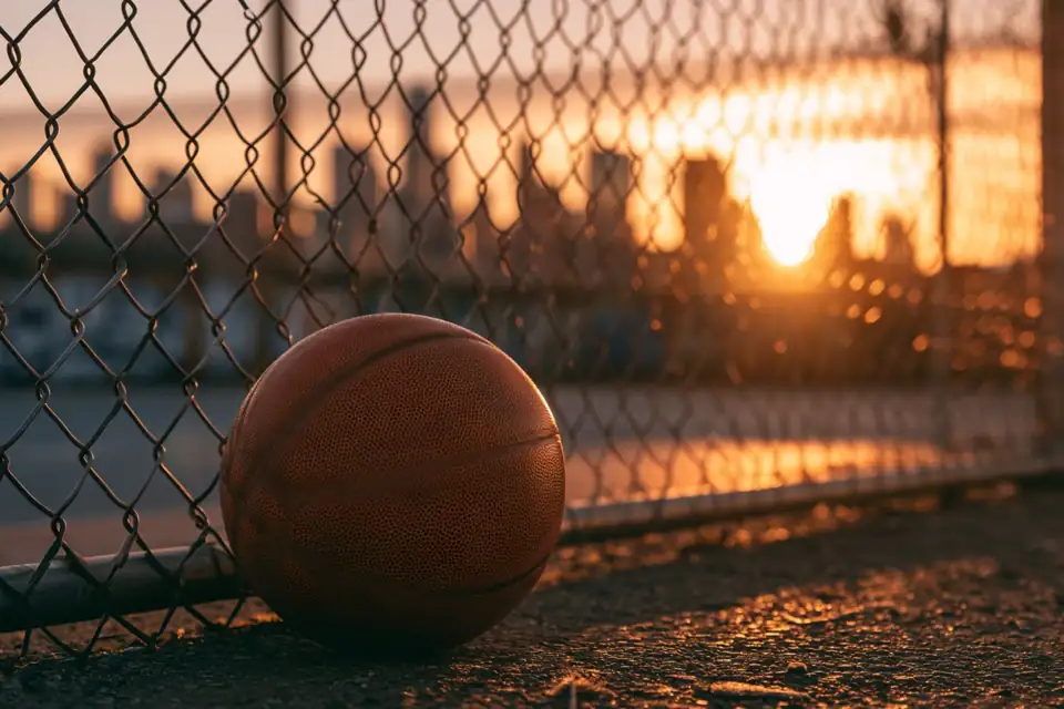 un père et son jeune fils sur un terrain de basket grillagé, au crépuscule.
