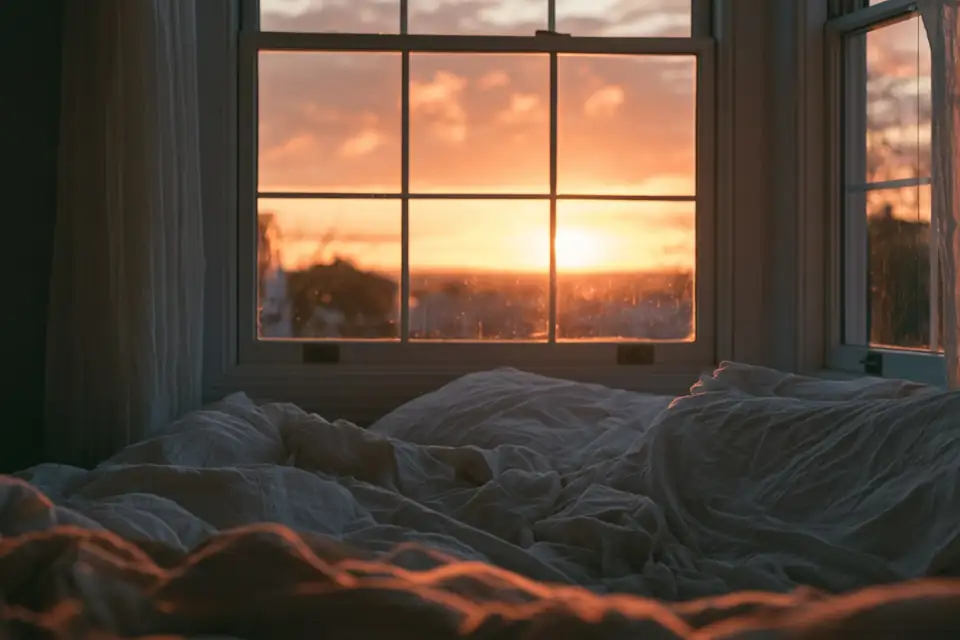 une fenêtre au lever du jour, la première lumière sur un lit défait.