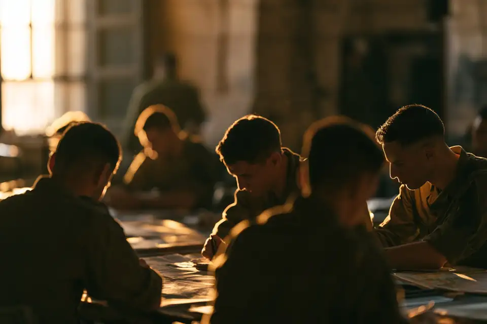 des cadets étudiant des cartes à la lueur d’une lampe dans une salle de pierre.