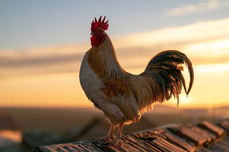 un coq sur un toit de ferme dans la nuit bleue, juste avant l’aube.