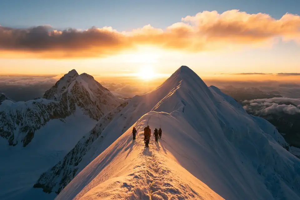 une cordée minuscule sur une arête himalayenne immense au lever du jour.