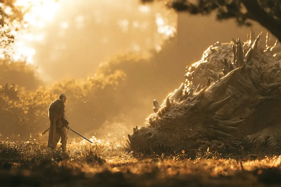 un chevalier face à un dragon endormi dans une forêt dorée, épée baissée.