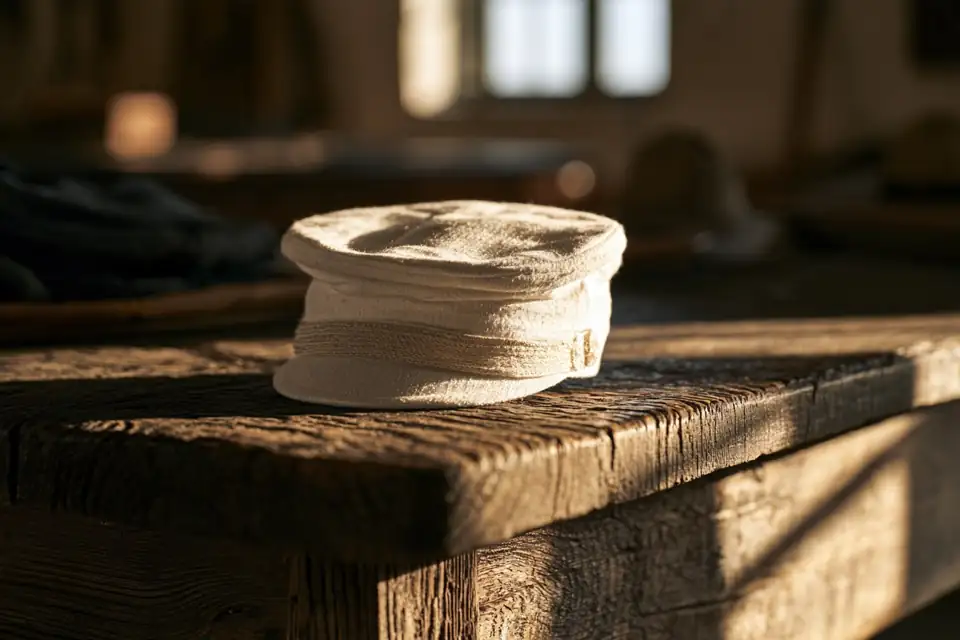 un képi blanc posé sur une table de bois, près d’une lettre manuscrite.