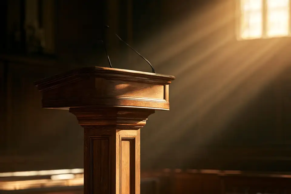 une tribune de bois dans une salle d’assemblée sombre, un rai de lumière sur l’orateur absent.