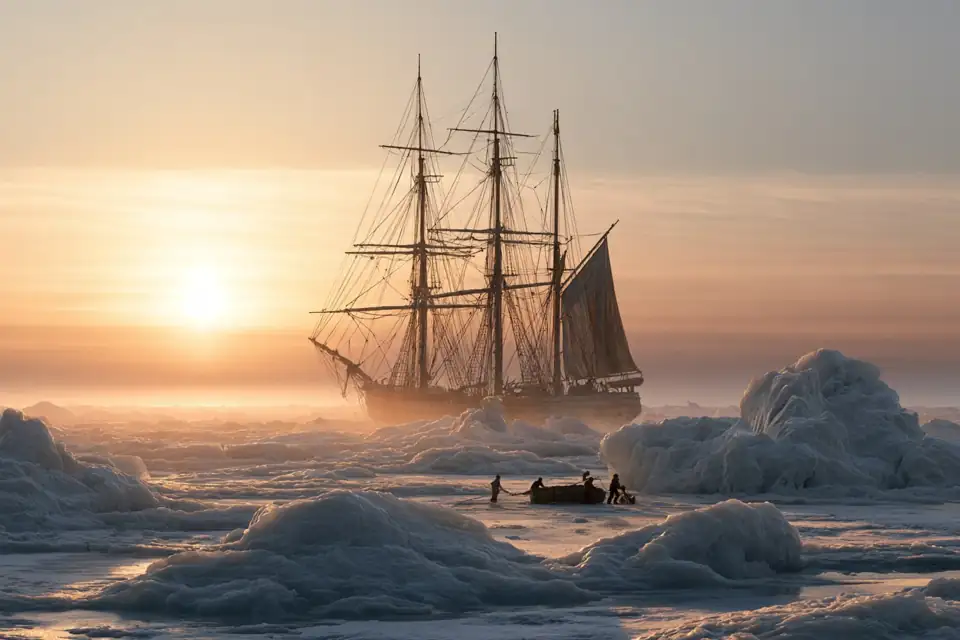 un navire trois-mâts pris dans la banquise, des hommes minuscules tirant une chaloupe sur la glace.