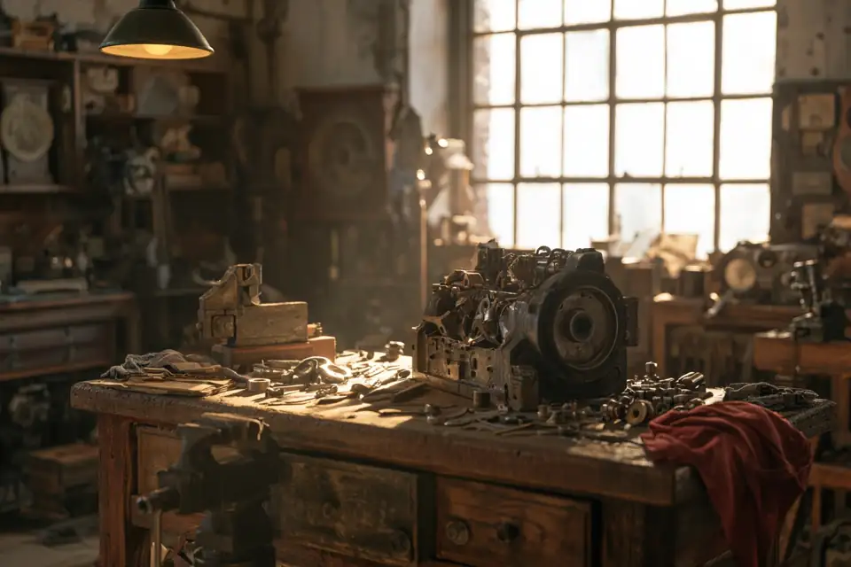 un atelier de mécanique au début du siècle, un moteur démonté sur l’établi.