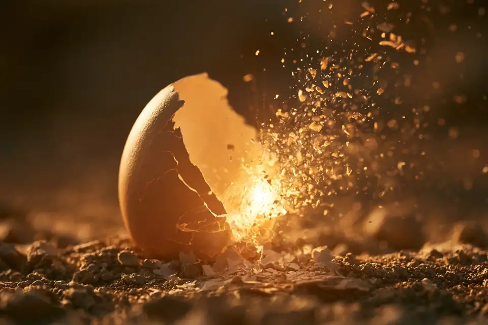 une coquille d’œuf brisée d’où s’échappe une lumière dorée.