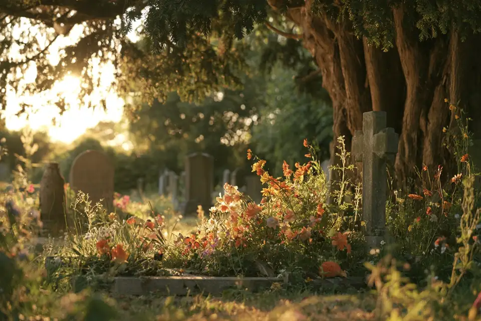 une tombe fleurie dans un cimetière de campagne anglais, sous un if, lumière du soir.