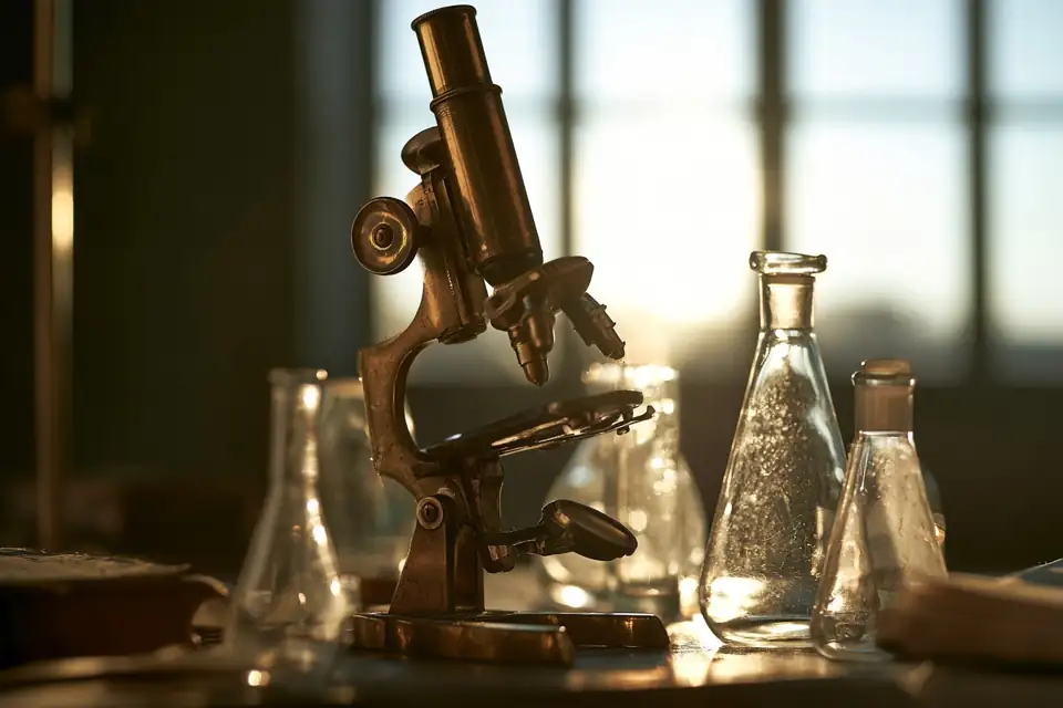 Pasteur en blouse, microscope ancien, flacons alignés.
