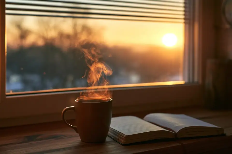 une tasse fumante près d’un carnet ouvert, devant une fenêtre à l’aube.
