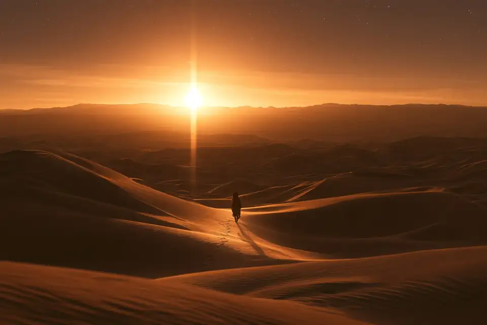 un voyageur dans le désert qui suit une étoile, des dunes dorées.