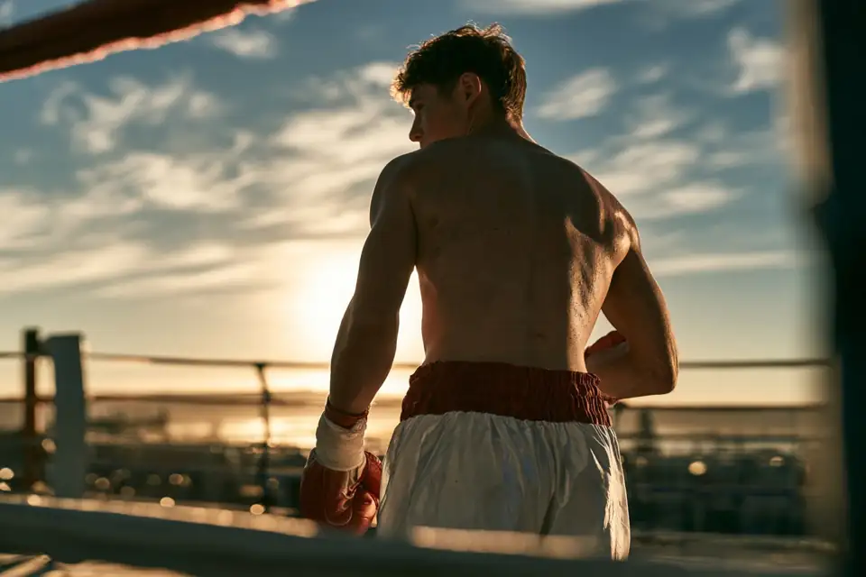 des marches de pierre au lever du soleil, une paire de gants de boxe usés posée sur la dernière.