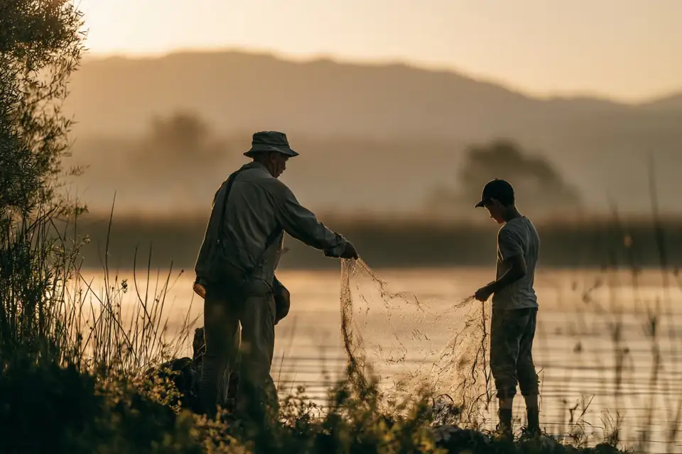 un vieux pêcheur montrant à un jeune homme comment lancer un filet, au bord d’un lac à l’aube.