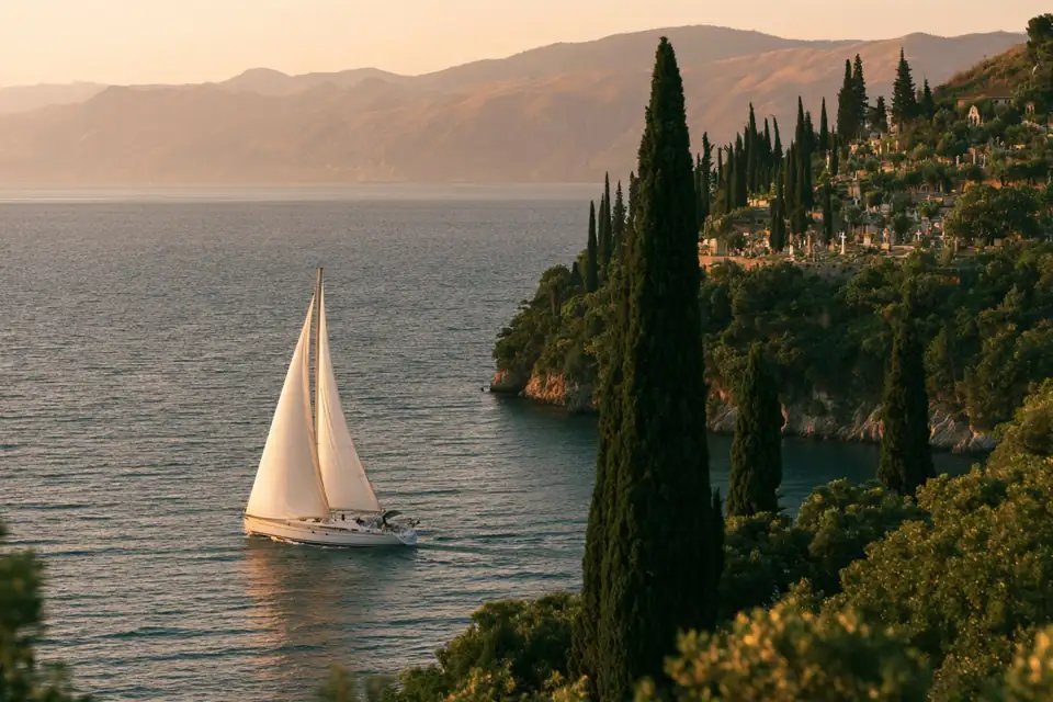 le vent gonflant des voiles au large d’une côte méditerranéenne, cyprès et tombes blanches sur la colline.
