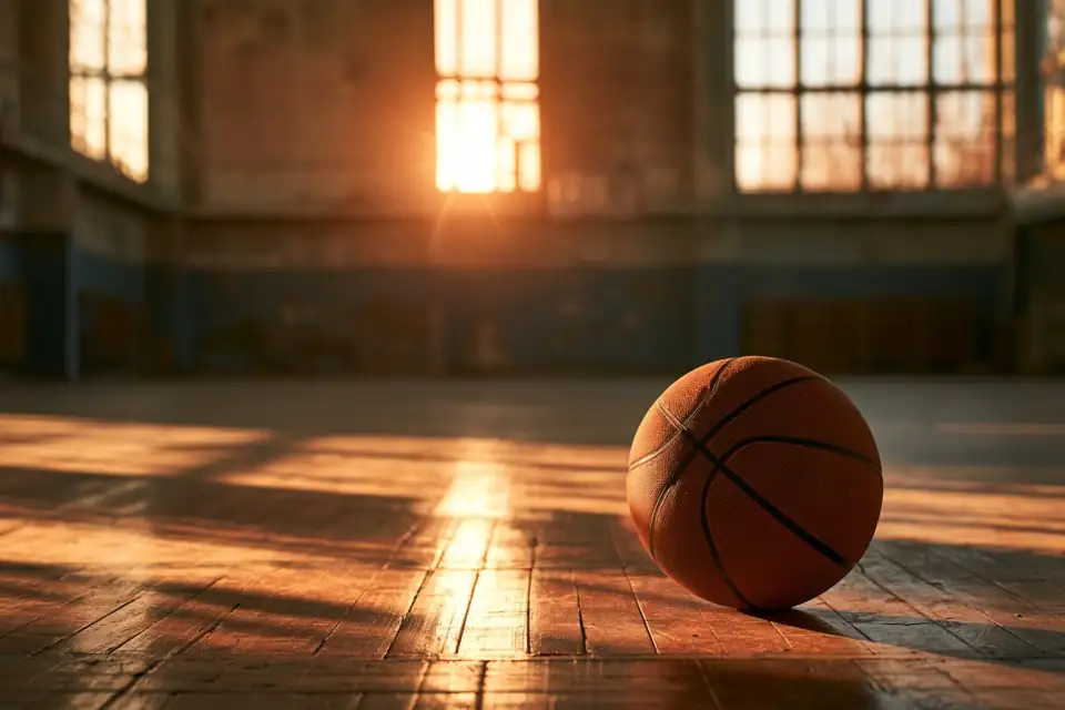 un vieux gymnase vide, un ballon posé au centre du parquet, lumière d’une haute fenêtre.