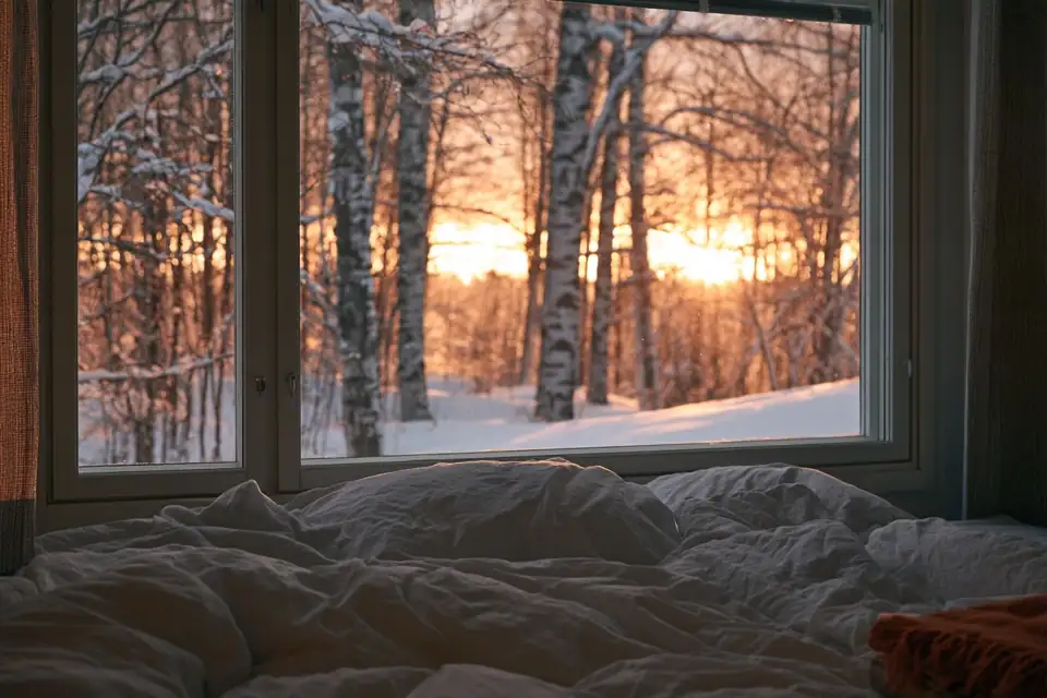 une chambre à l’aube, un lit défait, une fenêtre sur une forêt de bouleaux enneigée.
