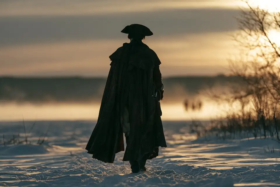 un officier du XVIIIe siècle marchant dans la neige, la cape serrée contre le vent.