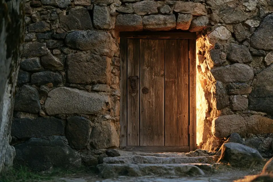 une porte de bois ancienne, heurtoir de fer, mur de pierre.