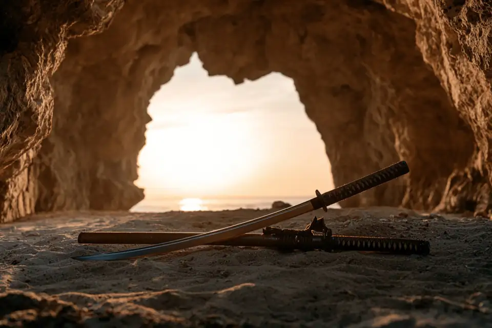deux sabres posés devant l’entrée d’une grotte, lumière d’aube.
