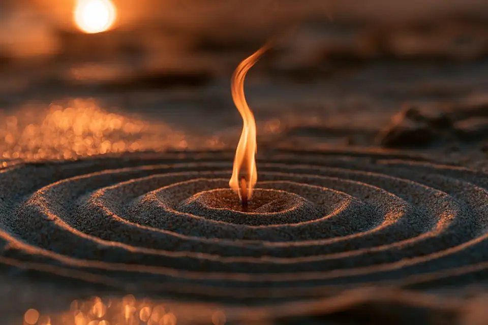 une flamme qui brûle au centre de trois cercles concentriques tracés dans le sable.