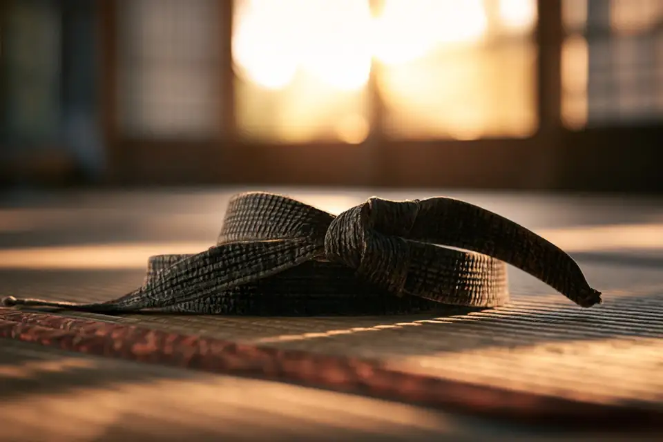 une ceinture noire usée posée sur un tatami vide.