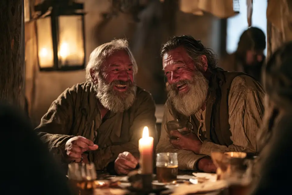 deux vieux amis riant autour d’une table de taverne éclairée par une bougie.