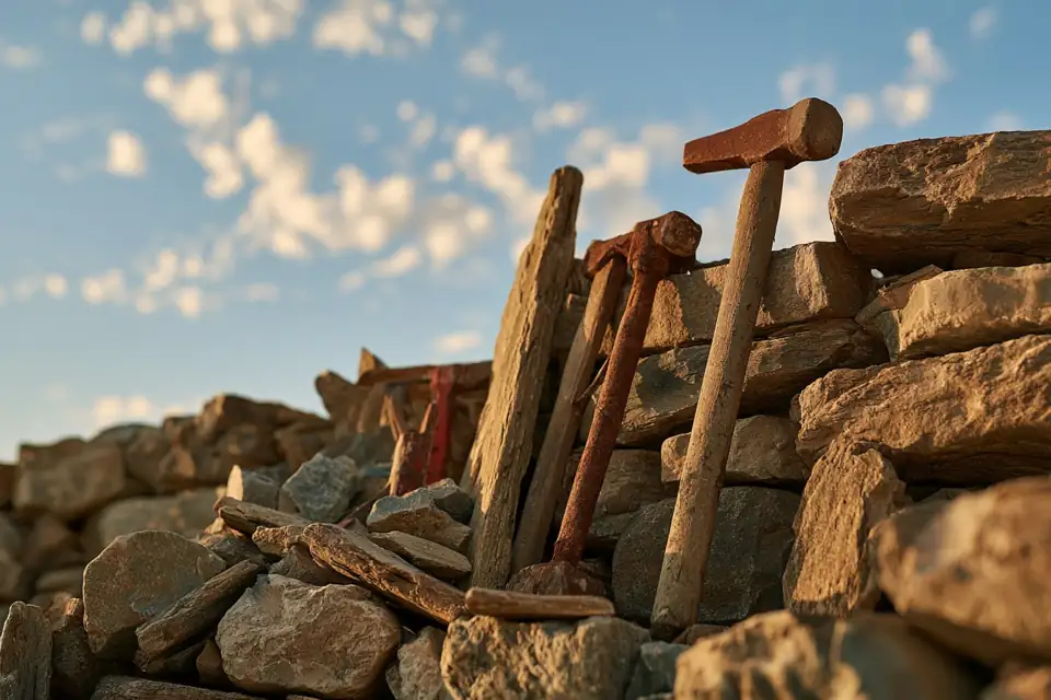 des outils anciens et usés posés sur un mur en ruine en cours de reconstruction.