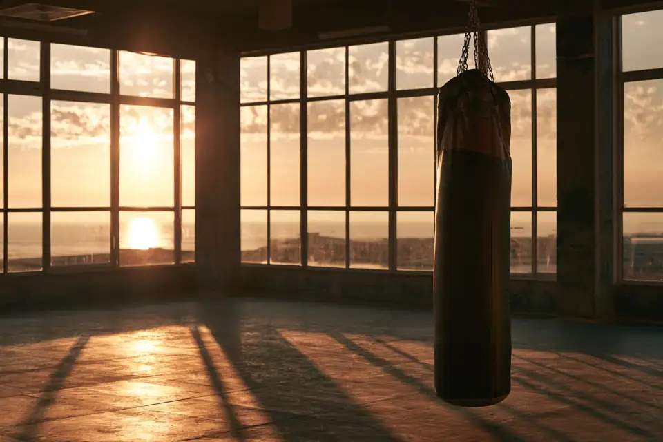 une salle de boxe vide au petit matin, un sac de frappe qui se balance.