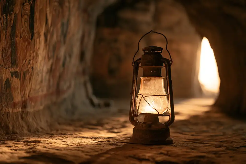 une lanterne portée dans une grotte sombre, révélant des peintures sur la paroi.