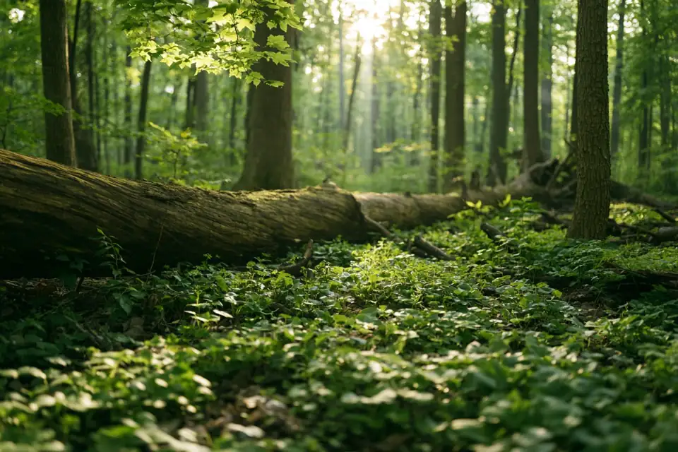 une jeune forêt verte poussant au pied d’un grand arbre tombé, lumière du matin.