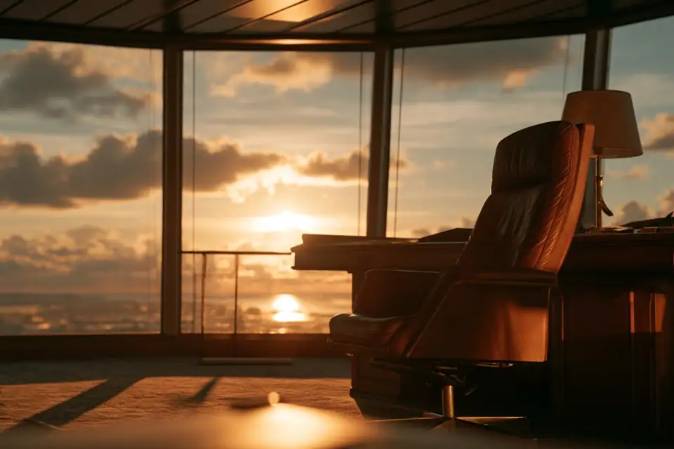 une table de commandement vide, une chaise haute, une lampe, un silence palpable.