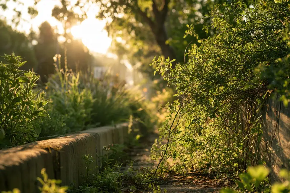 un jardin bien entretenu d’un côté, envahi de ronces de l’autre, séparés par un muret.