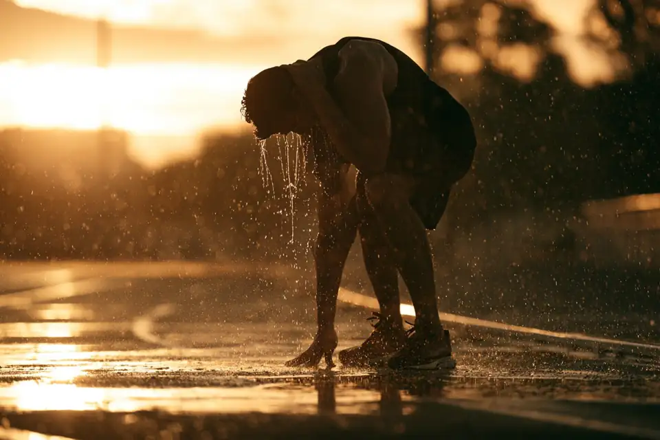 un coureur épuisé sur une piste de nuit sous la pluie, qui continue.