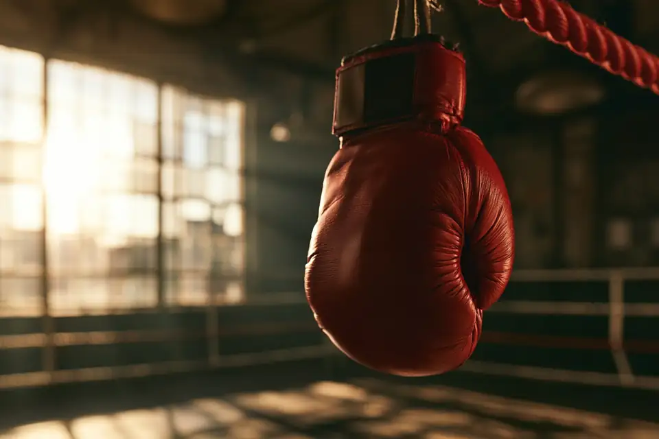 un gant de boxe rouge suspendu à une corde dans une salle vide, rai de lumière.