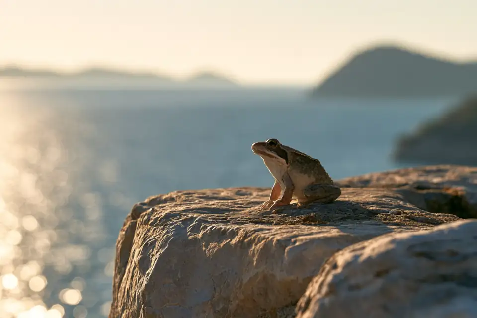 une grenouille au bord d’un vieux puits de pierre, l’océan visible au loin.