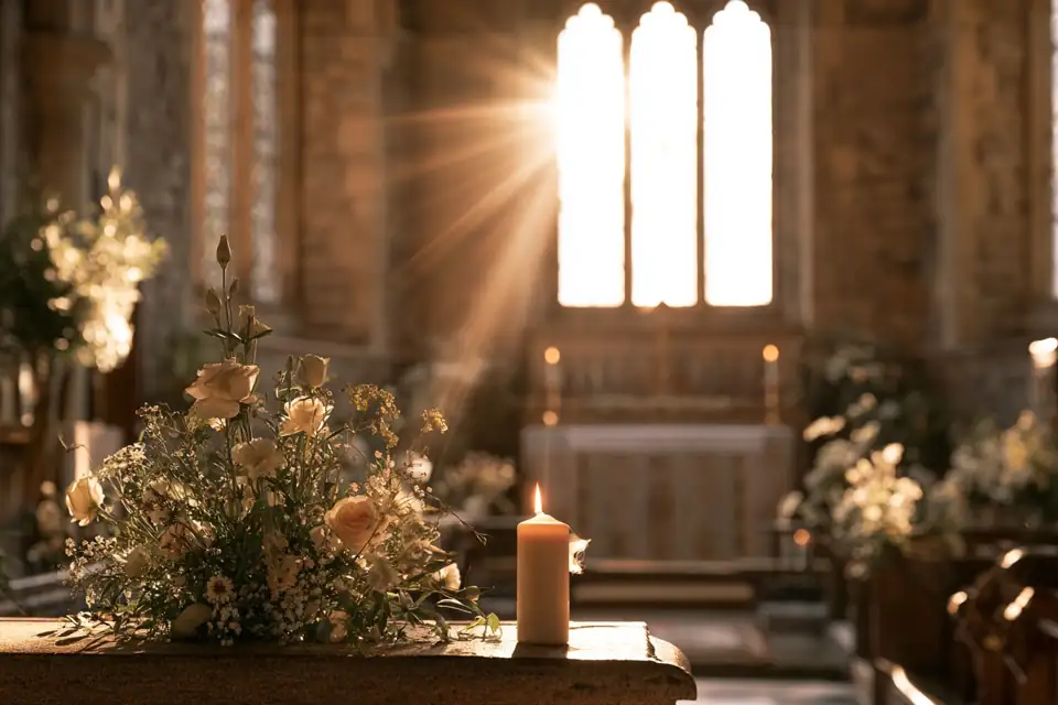 une bougie allumée dans une église sombre.