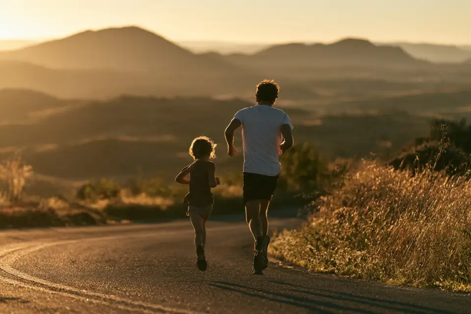 deux coureurs sur une route de campagne, le plus petit en tête, le regard fixé sur l’horizon.