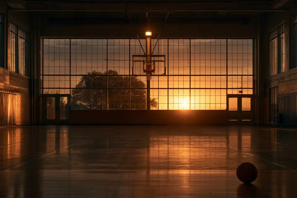 un gymnase vide tard le soir, une seule lumière allumée au-dessus d’un panier.