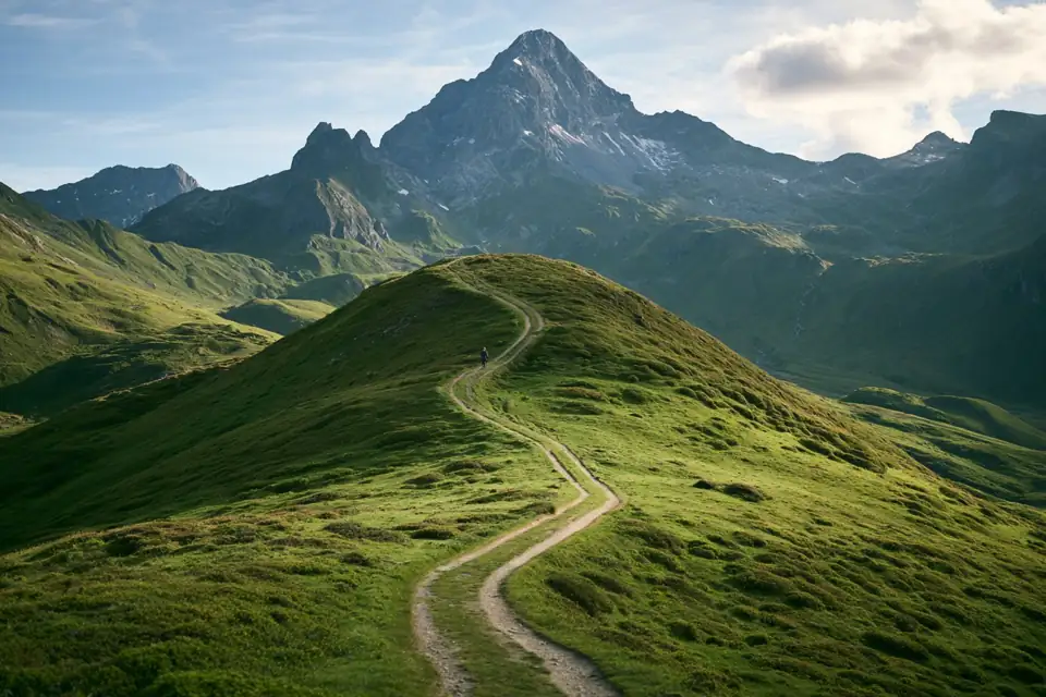 un sentier de montagne suisse au printemps, un promeneur seul.