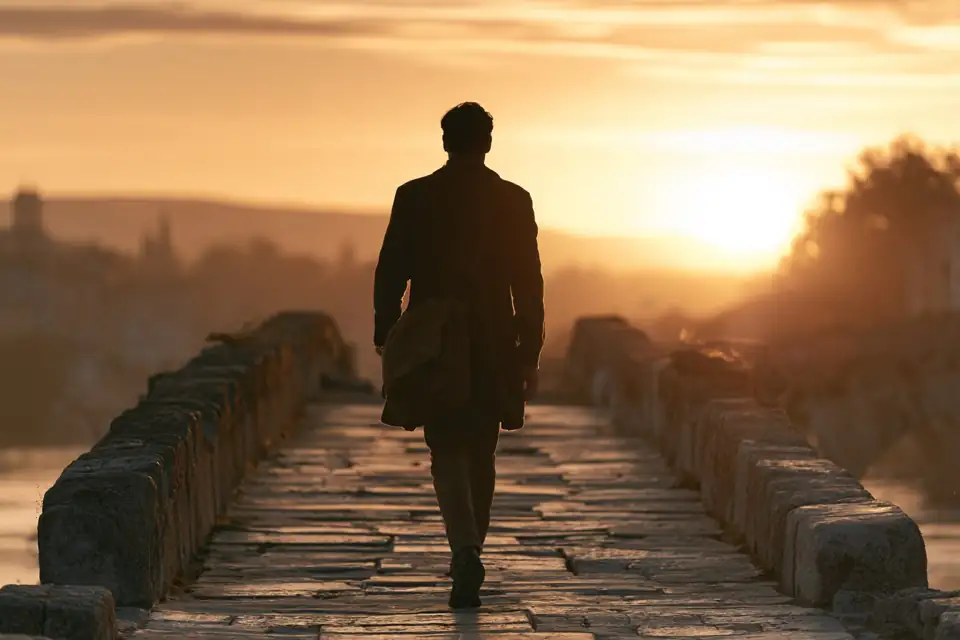 un homme vu de dos avançant d’un pas ferme sur un pont de pierre au soleil levant.