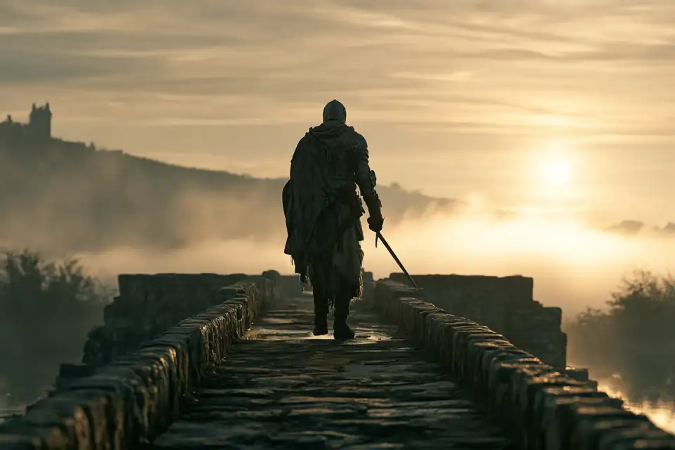 un chevalier en armure usée debout seul sur un pont de pierre, face à la brume.