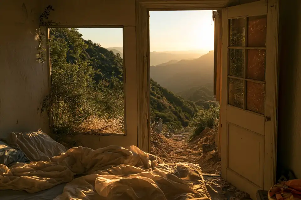 un lit défait abandonné, une porte ouverte sur un sentier de montagne abrupt.