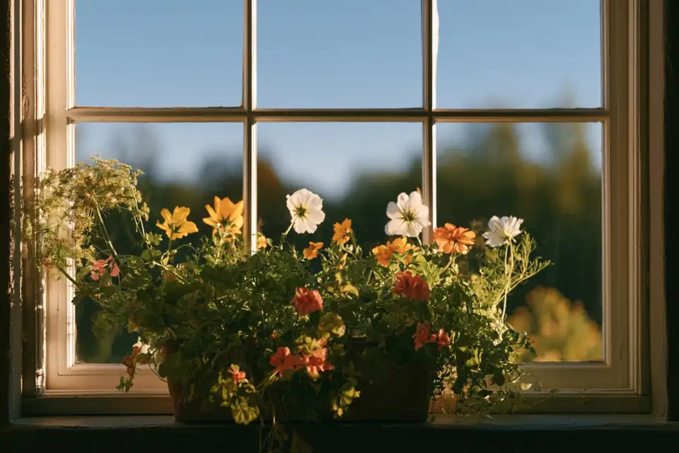 un marronnier en fleurs vu par une petite fenêtre de grenier, ciel bleu.