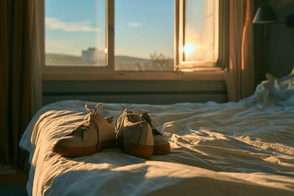 une lampe de chevet qu’on éteint, une paire de chaussures prêtes pour le lendemain.