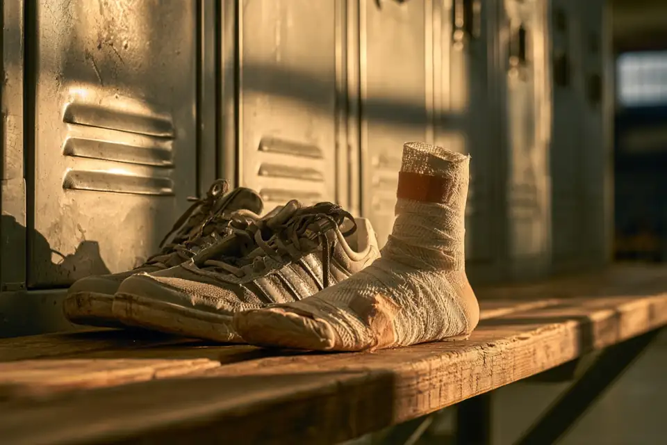 un bandage de cheville posé sur un banc de vestiaire, à côté d’une paire de chaussures lacées.